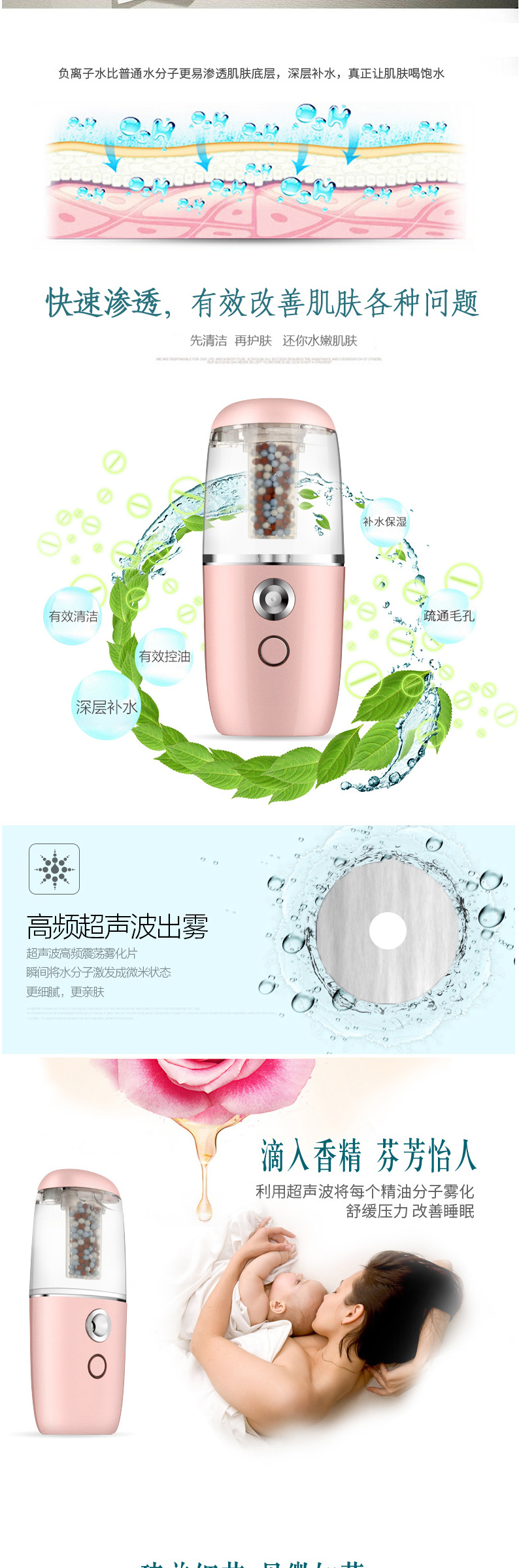 實(shí)物負(fù)離子補(bǔ)水噴霧儀 蒸臉器加濕器 霧化美容儀 USB充電款帶車標(biāo)