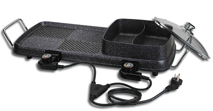 加厚壓鑄鍋體，雙發(fā)熱電源烤涮一體火鍋